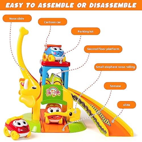 Marstone Toddler Toys for 1 2 Year Old Boys and Girls Gifts: Educational Elephant Slide with 4 Animal Cars Toys for Baby 12-18 Months, First Birthday Present Learning Push Truck Track Ages 1-2