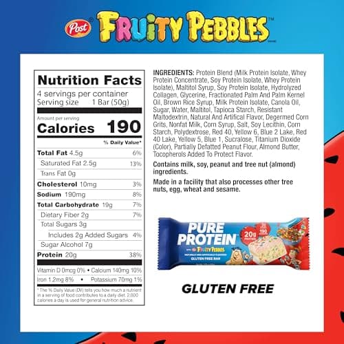 Pure Protein Fruity PEBBLES™ Protein Bars – 20g Protein, 3g Sugar, 190 Calories (4 count) Low Sugar* High Protein Snack – Gluten Free - Perfect for a Healthy Snack.