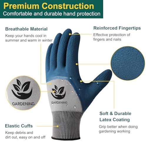 Trifabricy Garden Gloves for Women Men - 6 Pairs Breathable Hard-wearing Latex Coated Gardening Gloves for Women, Indoor/Outdoor Protective Working Gloves with Grip, Blue & Grey