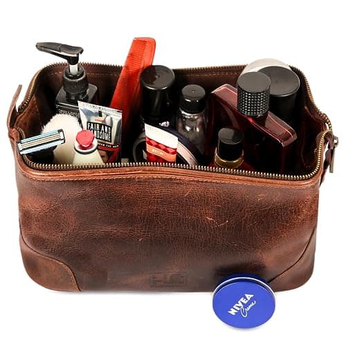 HLC Leather Toiletry Bag for Men - Best Gift for Men - Premium Genuine Leather Dopp Kit Shaving Kit Organizer Travel Kit Pouch Bag for Men - Large Size - Rustic Brown