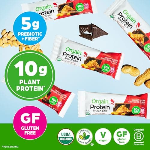 Orgain Organic Vegan Protein Bars, Peanut Butter Chocolate Chunk - 10g Plant Based Protein, Low Calorie Healthy Snacks, No Lactose or Soy Ingredients, Gluten Free, Non-GMO - 1.41 Oz (Pack of 12)