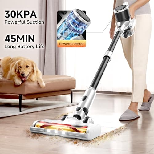 BSNAW Cordless Vacuum Cleaner for Home - Lightweight, Stick Vacuum Clean with Rechargeable Battery, Max 45Mins Runtime, 8 in 1 Handheld Vacuum for Hardfloor & Carpets Pet Hair, White&Yellow