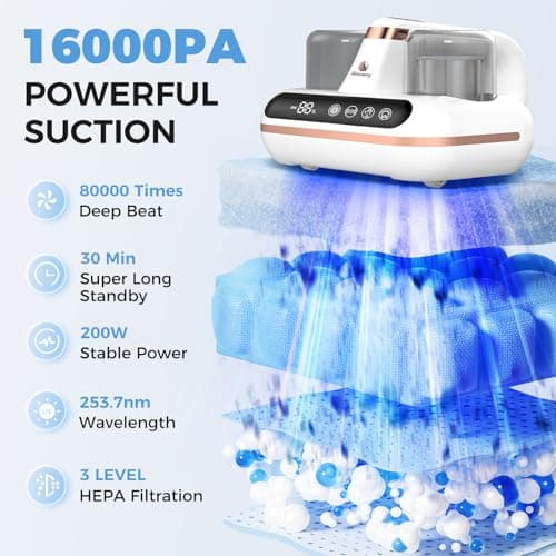 Amzany Mattress Vacuum Cleaner - 5-in-1 Cordless Bed Vacuum Cleaner, Powered by UV-C Light & Ultrasonic Technology, 16Kpa Strong Suction,Low Noise,Suitable for Dust, Pet Hair, Etc.