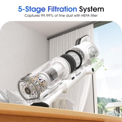 Klarpul Cordless Vacuum Cleaner, 2 Batteries 140 Mins Runtime 600W 50Kpa Stick Vacuum Cordless, Self-Standing Vacuum Cleaners for Home with 2.5H Fast Charging, for Floor/Carpet/Pet Hair, White