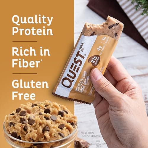 Quest Nutrition Chocolate Chip Dough Cookie Protein Bars, 21g Protein, 1g Sugar, 4g Net Carb, High Fiber, Gluten Free, Keto Friendy, 12 Count