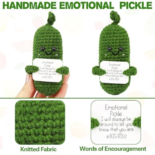 Hoedia Handmade Emotional Pickle Gift, Cucumber Crochet Doll Inspirational Gifts with Cards, Cute Knitted Funny Support Potato Friend Birthday Mothers Day Easter Basket Stuffers (Emotional Pickle)