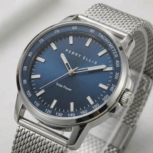 Perry Ellis Solar Powered Mens Watch | Steel Mesh Band | Water-Resistant Analog Wrist Watches for Men | 43mm Case | Aluminum Tachymeter Bezel | Elegant Gift for Man