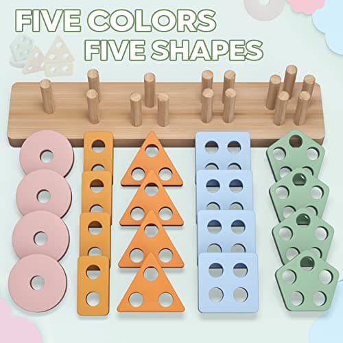 PEBIRA Montessori Toys for 1 2 Year Old, Wooden Sorting and Stacking Toys for Toddlers, Baby Shape Sorter and Color Stacker Blocks for Toddler, Preschool Learning Toy, Gift for 12-18 Month Boys Girls