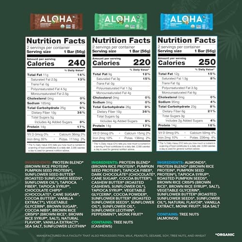 ALOHA Organic Plant Based Protein Bars - 6 Flavor Variety Pack - 12 Count, 1.9oz Bars - Vegan Snacks, Low Sugar, Gluten-Free, Low Carb, Paleo, Non-GMO, Stevia-Free, No Sugar Alcohol Sweeteners