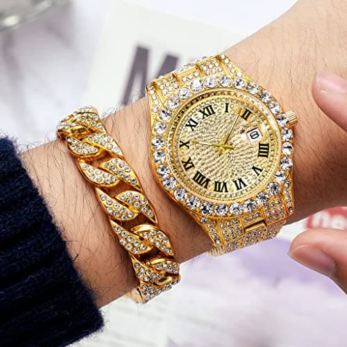 HUNRUY Hip Hop Watches for Men Iced-Out Bling Diamond Luxury Quartz Watches with Date