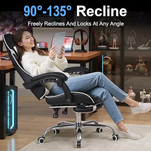 VECELO Ergonomic Gaming Chair with Footrest, Comfy Recliner Computer Chair, Swivel Seat, Height Adjustable, High Back PU Leather, Lumbar Support, Headrest for Adults, Black
