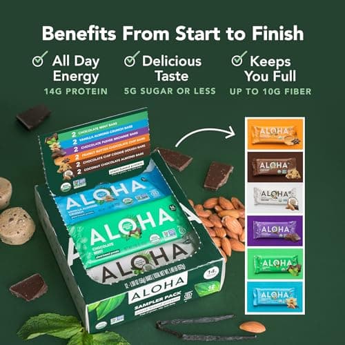 ALOHA Organic Plant Based Protein Bars - 6 Flavor Variety Pack - 12 Count, 1.9oz Bars - Vegan Snacks, Low Sugar, Gluten-Free, Low Carb, Paleo, Non-GMO, Stevia-Free, No Sugar Alcohol Sweeteners