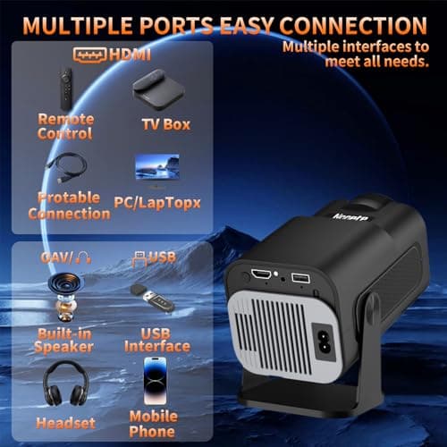 【Built-in Apps】Projector 1080P Full HD, 4K Projector with 270° Rotation,Portable Projector WiFi 6 & Bluetooth 5.2 Support,Featuring Auto Keystone Correction,HDMI/USB Connectivity Projector Black