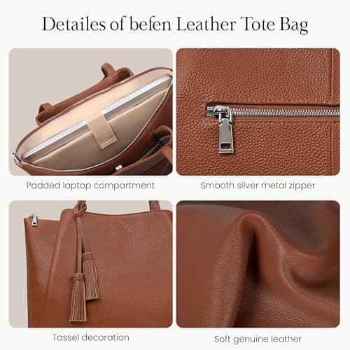 befen Genuine Leather Tote Bag for Women Work, Womens Laptop Tote Bags Shoulder Purses Totes with Compartments Handbags