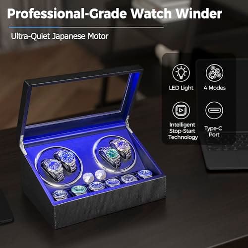 ANWBROAD ANWBROAD Watch Winder for Automatic Watches 4 Watch Rotator and 6 Extra Storages with Super Quiet Motor and LED Backlight Turner Carbon Fiber Shaker 5 Rotating Modes USB UJWW002F