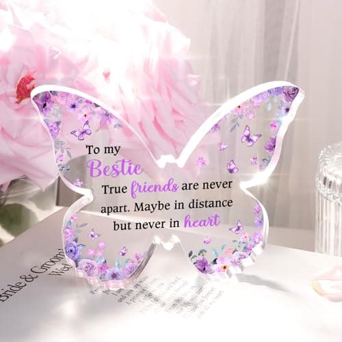 Bestie Best Friend Friendship Gifts for Women, Unique Purple Butterfly Acrylic Plaque Desk Decor, Bestie Best Friend Birthday Gifts for Women Friendship for Bff Bestfriend, 5 x 3.8 x 0.5 inches