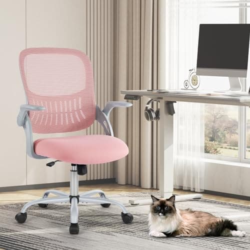 Sweetcrispy Home Office Computer Desk Chair, Ergonomic Mid-Back Mesh Rolling Work Swivel Task Chairs with Wheels, Comfortable Lumbar Support, Comfy Flip-up Arms for Bedroom, Study, Student, Pink