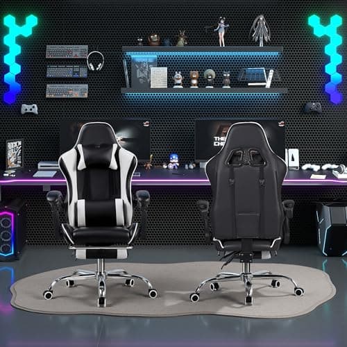 VECELO Ergonomic Gaming Chair with Footrest, Comfy Recliner Computer Chair, Swivel Seat, Height Adjustable, High Back PU Leather, Lumbar Support, Headrest for Adults, Black