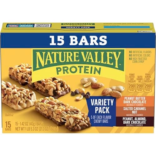 Nature Valley Protein Bars Variety Pack, Gluten Free Chewy Granola Snack Bars, 10g Protein, Peanut Butter Dark Chocolate, Salted Caramel Nut, Peanut Almond Dark Chocolate, 15 Count, 21.3 oz Box