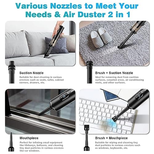 Upbooz Handheld Vacuum Cordless, Car Vacuum with 14000PA Powerful Suction with LED Light, Air Duster 2-in-1,Low Noise Rechargeable Portable Mini Vacuum Cleaner for Car Home Pet Office,Two Gears Black