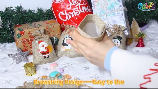 CCINEE 36pc Christmas Linen Bags with Drawstrings Christmas Burlap Goody Gift Bags with Double Jute Drawstrings, 4 designs Snowman, Santa Claus, Penguin and Reindeer