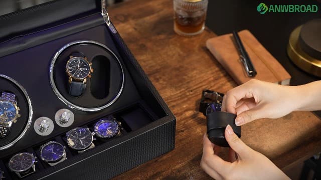 ANWBROAD ANWBROAD Watch Winder for Automatic Watches 4 Watch Rotator and 6 Extra Storages with Super Quiet Motor and LED Backlight Turner Carbon Fiber Shaker 5 Rotating Modes USB UJWW002F