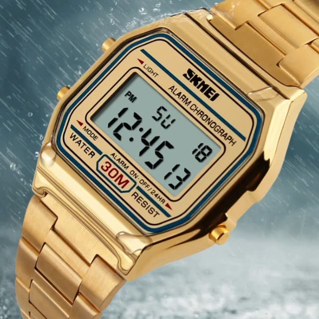 PASOY Men's Digital Gold Stainless Steel Watch Backlit Multifunction Stopwatch Waterproof Sport Watches