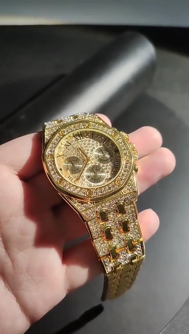 Apzzic Diamond Iced Out Watch CZ Gold Plated 40mm Width Roman Numerals Dial Quartz Wristband Watch for Men Women