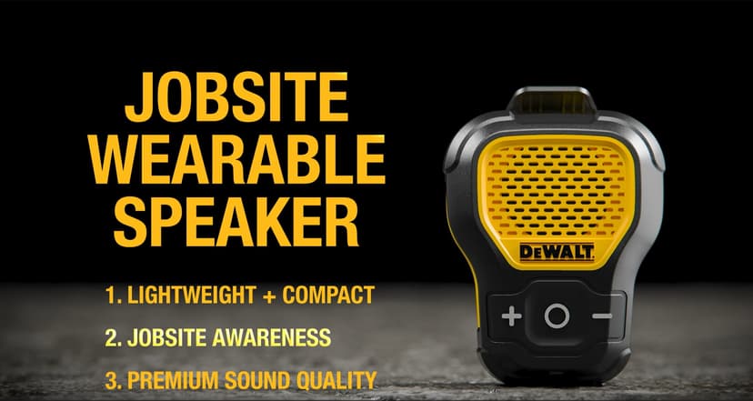 DEWALT Wearable Bluetooth Speaker (Updated Version), Clip-On Wireless Jobsite Pro Water-Resistant Portable Speaker (Non-Magnetic), Built-in Mic for Hands-Free Music/Calls, Bluetooth Speaker (Yellow)
