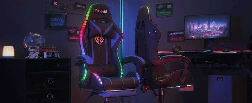 HOFFREE RGB Gaming Chair with Speakers Massage Computer Gaming Chair with LED Lights and Footrest High Back Video Game Chair for Adults Blue and Black