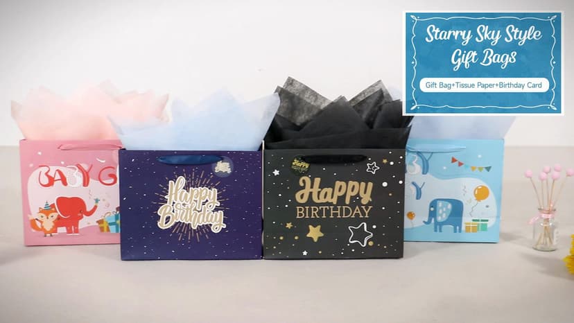 Black Birthday Gift Bag with Tissue Paper and Greeting Card, 13'x10.2'x4.9', Medium (1-Piece Set, Black Starry Sky, Unisex, Includes Card, Ribbon, Crinkle Paper)