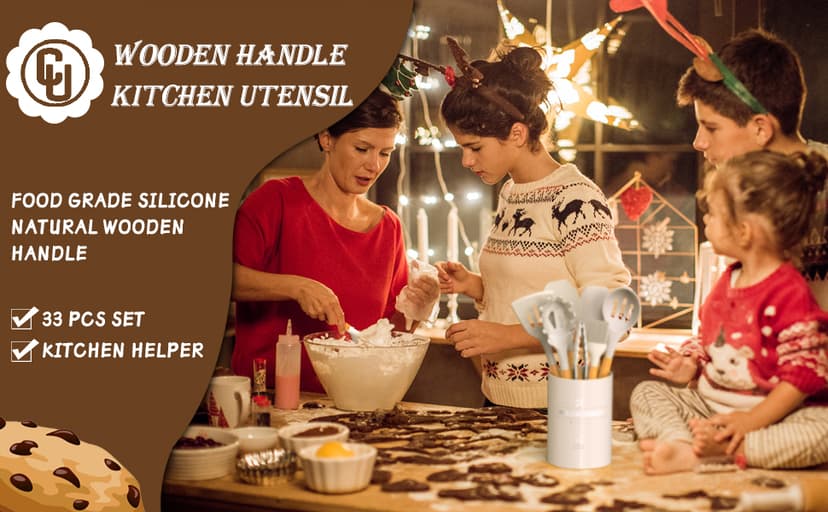 Umite Chef Kitchen Cooking Utensils Set, 33 pcs Non-Stick Silicone Cooking Kitchen Utensils Spatula Set with Holder, Wooden Handle Silicone Kitchen Gadgets Utensil Set (Khaki)