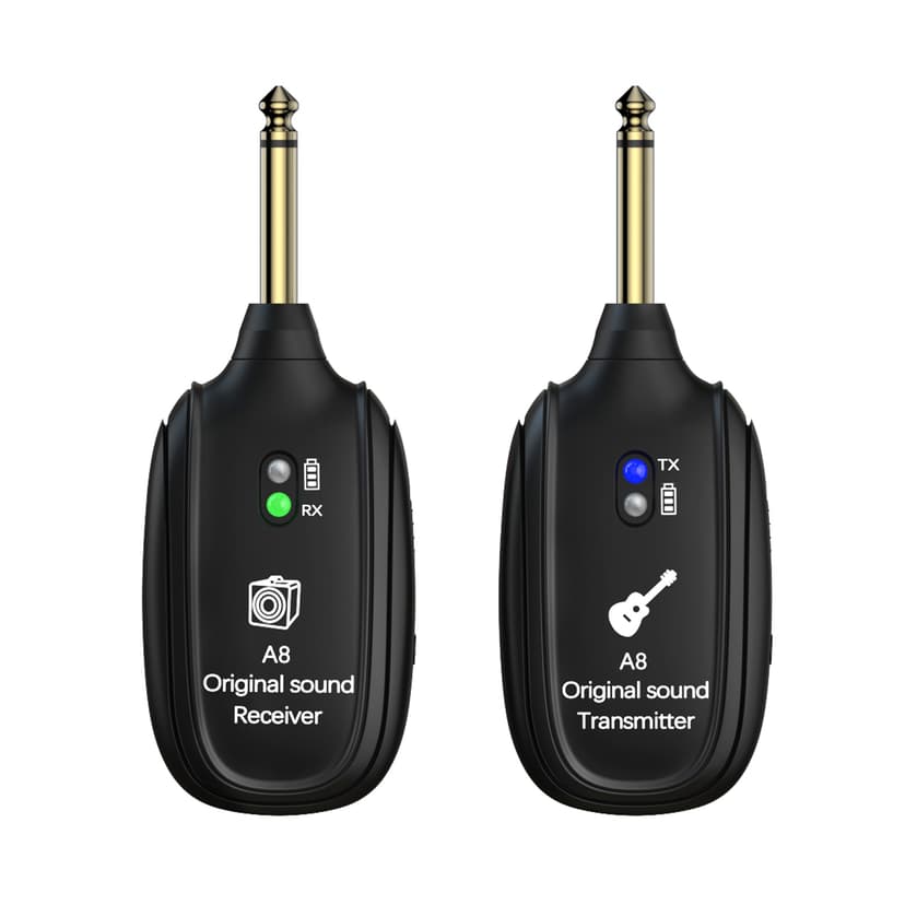 A8 Wireless Guitar Transmitter Receiver System, 2.4GHz Rechargeable, 24-bit/48KHz Audio, Low Latency <4ms for Electric Guitar & Bass, Wireless Audio Transmitter & Receiver (A8(1TX+1RX))