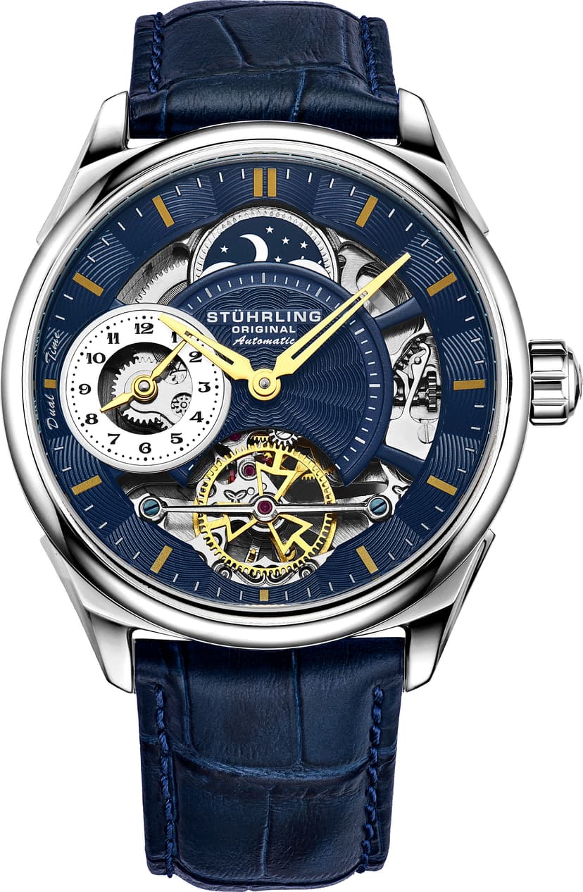 Stuhrling Mens Automatic Dress Watch Stainless Steel with Automatic Skeleton with Duel Time AM/PM Indicator