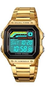 PASOY Men's Digital Gold Stainless Steel Watch Backlit Multifunction Stopwatch Waterproof Sport Watches