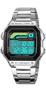 PASOY Men's Digital Gold Stainless Steel Watch Backlit Multifunction Stopwatch Waterproof Sport Watches