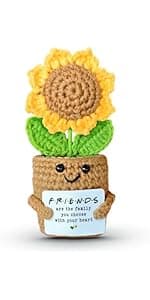 Mini Sunflower Crochet Gift with Card for Women Best Friend, Soul Sister, Long Distance Pal, Friends Are the Family You Choose, Cute Decor for Birthday, Christmas for Bestie, BFF, Coworker