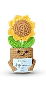 Mini Sunflower Crochet Gift with Card for Women Best Friend, Soul Sister, Long Distance Pal, Friends Are the Family You Choose, Cute Decor for Birthday, Christmas for Bestie, BFF, Coworker