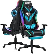 HOFFREE RGB Gaming Chair with Speakers Massage Computer Gaming Chair with LED Lights and Footrest High Back Video Game Chair for Adults Blue and Black