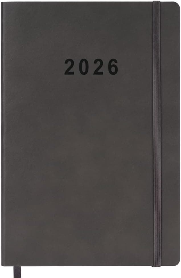 2026 Planner - Weekly and Monthly Planner, Jan 2026 - Dec 2026, Holidays, Contacts and Notes Pages, Vegan Leather Cover, Elastic Closure, 5.5”x8.25”, Grey