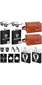 60Pcs Groomsmen Gifts Set of 6, Groomsmen Proposal Box with Flasks Sunglasses PU Leather Toiletry Bag Bottle Opener for Wedding Groomsman Best Man Gift