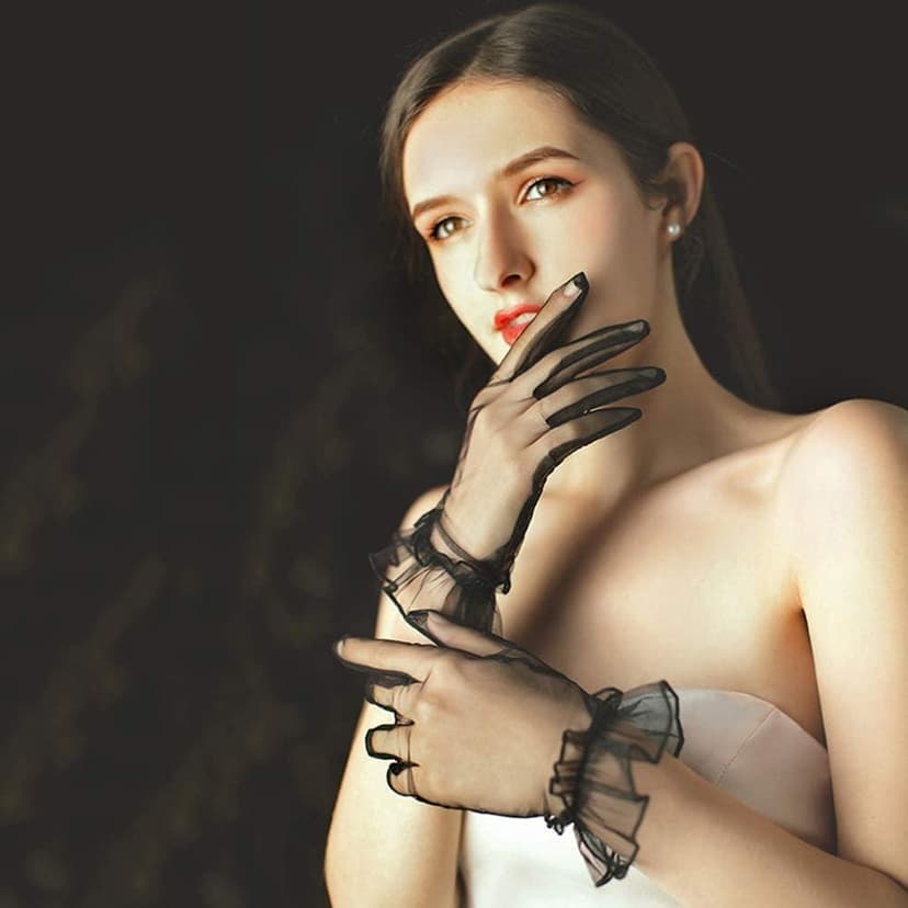 QRBTSCL Women's Ruffled Tulle Mesh Gloves Wedding Party Gloves Short Prom Evening Glove