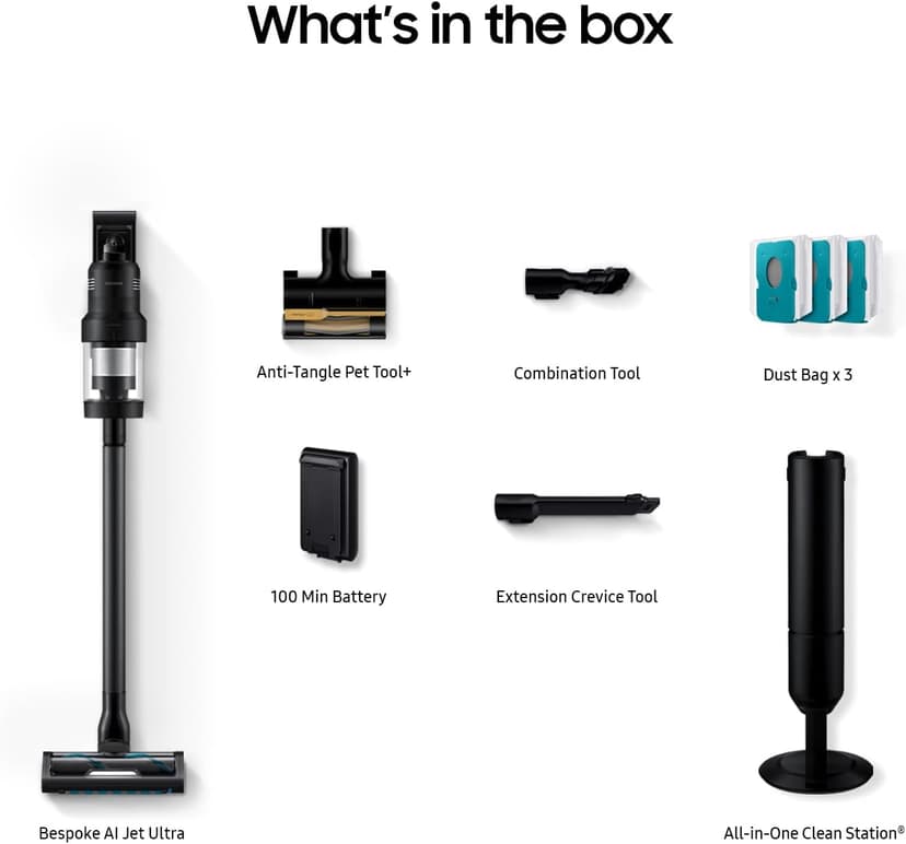 Samsung Bespoke AI Jet Ultra Cordless Stick Vacuum with All-in-One Clean Station, 400AW Powerful Suction, Long Battery Life, Anti-Tangle Pet Tool, 2025, Satin Black, VS90F40DMK/AA