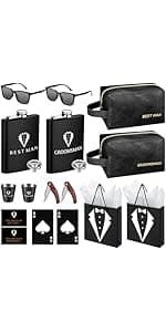 60Pcs Groomsmen Gifts Set of 6, Groomsmen Proposal Box with Flasks Sunglasses PU Leather Toiletry Bag Bottle Opener for Wedding Groomsman Best Man Gift