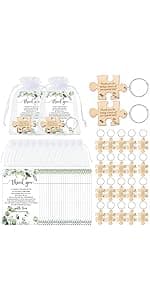Sintuff 100 Sets Wedding Favors for Guests Rustic Wood Puzzle Keychain Thank You Card Organza Bag Wedding Party Bridal Shower Souvenir