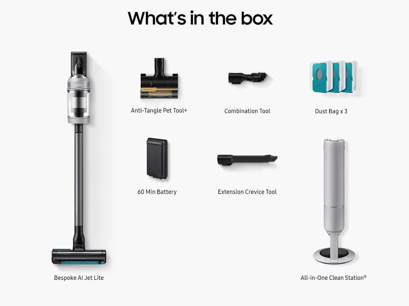 Samsung Bespoke AI Jet Lite Cordless Stick Vacuum with All-in-One Clean Station, 280AW Suction, Long Battery Life, Anti-Tangel Pet Tool, 2025, Pebble Gray, VS80F28DMP/AA