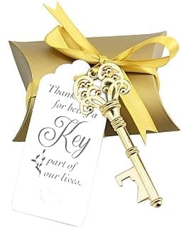 50 Sets Vintage Key Bottle Openers, Wedding Favor Souvenir Gift for Guests with Escort Card Thank You Tag Pillow Box and Satin Ribbon (Gold)