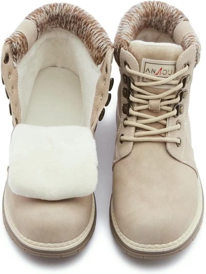 ANJOUFEMME Casual Winter Hiking Boots For Women - Womens Outdoor Snow Ankle Boots Waterproof Lightweight Lace up Fur Lined Walking Hiking Shoes