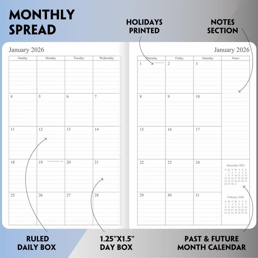 2026 Planner - Weekly and Monthly Planner, Jan 2026 - Dec 2026, Holidays, Contacts and Notes Pages, Vegan Leather Cover, Elastic Closure, 5.5”x8.25”, Grey