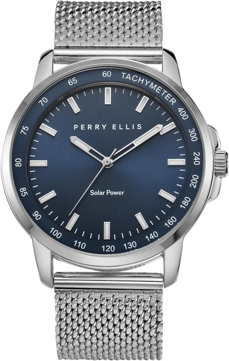 Perry Ellis Solar Powered Mens Watch | Steel Mesh Band | Water-Resistant Analog Wrist Watches for Men | 43mm Case | Aluminum Tachymeter Bezel | Elegant Gift for Man